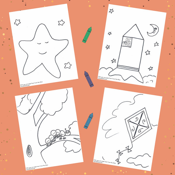 I Love You More coloring pages with stars, rocket ships, trees, and kites.